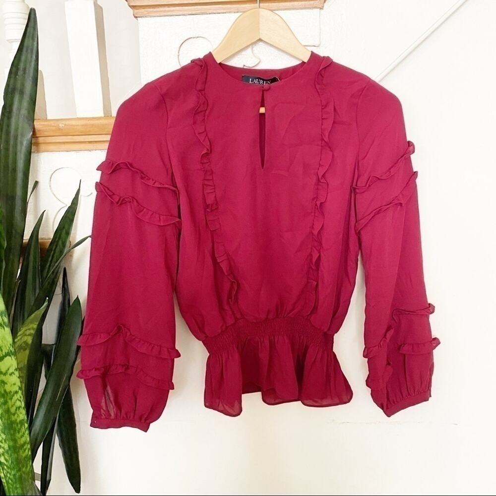 LRL maroon ruffle detail smocked waist blouse XS